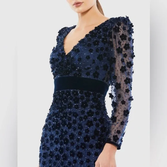 MAC DUGGAL 67856 NWT Embellished V Neck Illusion Long Sleeve Column Midi